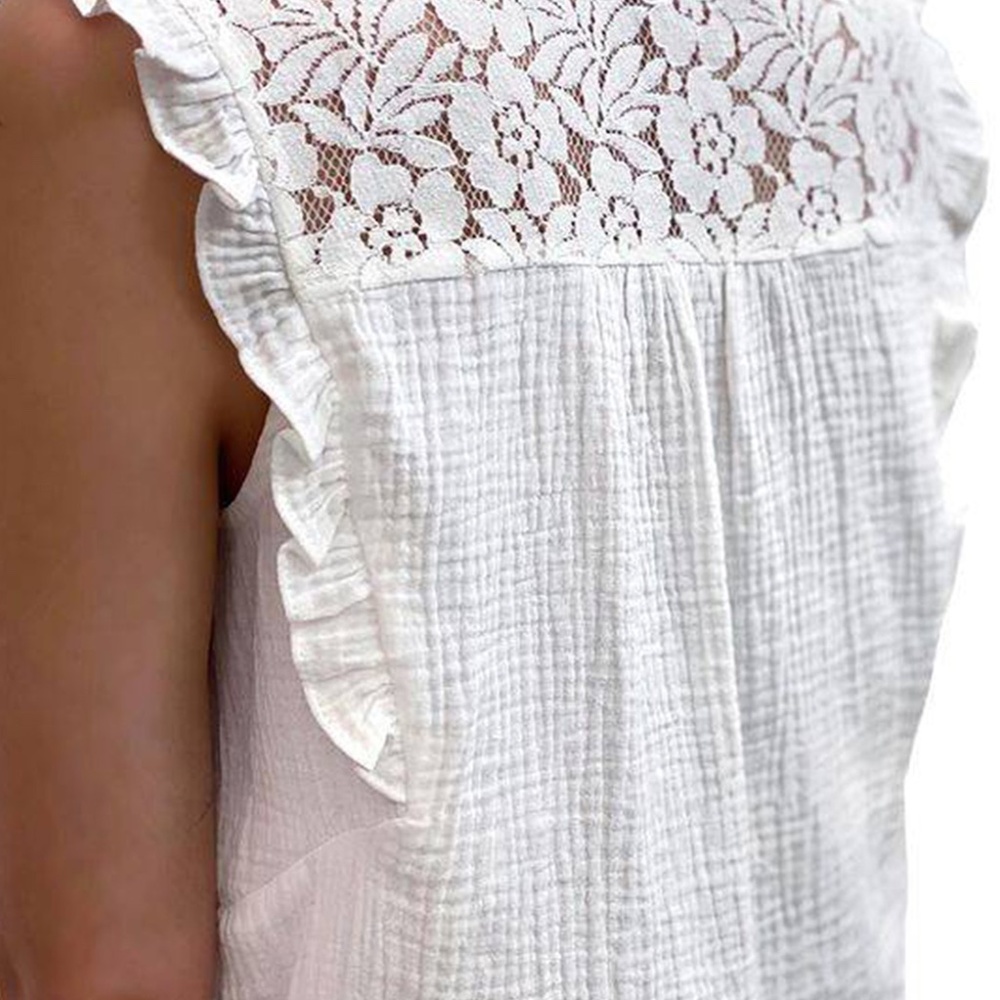 White Floral Lace Crochet Textured Sleeveless Shirt